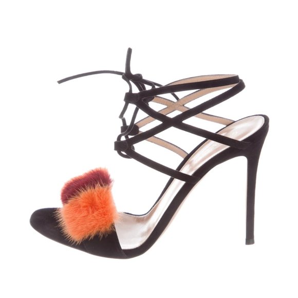 GIANVITO ROSSI Suede Pom-Pom Embellishments Sandals Size: 9.5IT 39.5